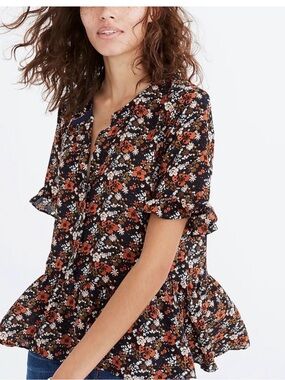 Madewell Silk Ruffle Hem Blouse in Prairie Blossom Size XS